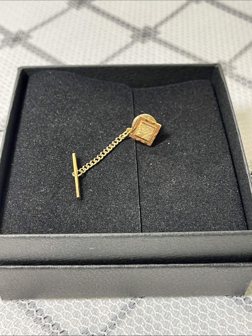Gold Tie Tack with Chain - Classic Square Design
D on face